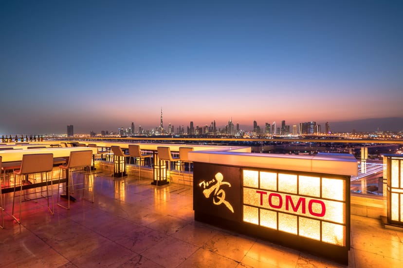 Tomo Raffles Dubai rooftop venue with iconic skyline view for evening networking cocktail event.