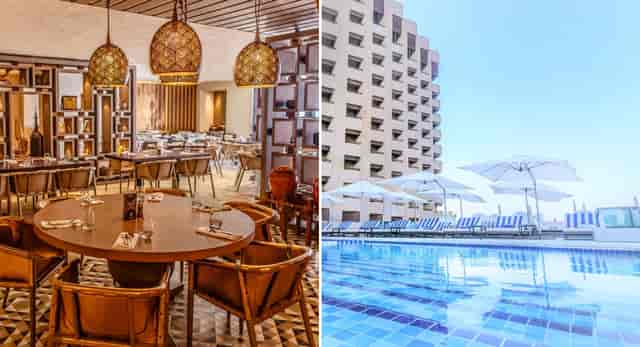 Upscale dining and modern pool deck at Radisson Blu Dubai Deira Creek for incentive travel events.