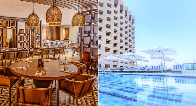 Upscale dining and modern pool deck at Radisson Blu Dubai Deira Creek for incentive travel events.