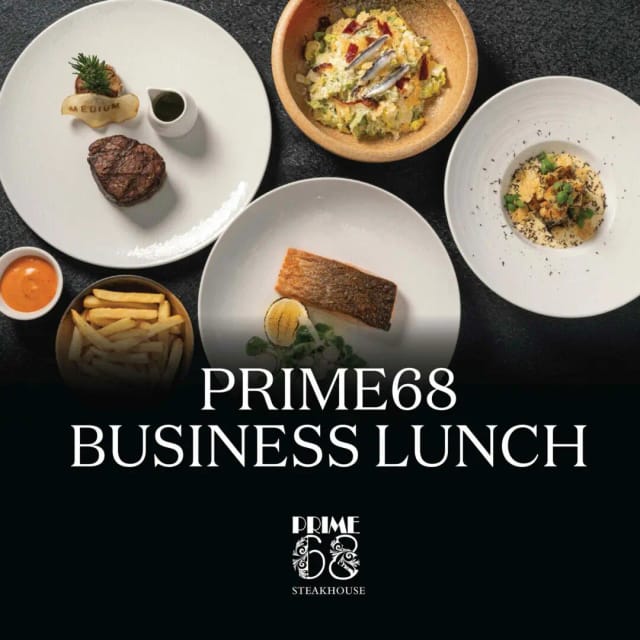 Private Dining at Prime68: Premium menu layout for executive board meetings and VIP business lunches.