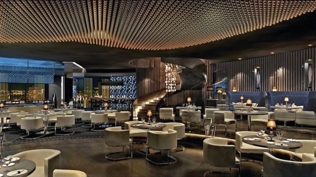 Prime68 upscale restaurant with architectural ceiling for corporate dinners and networking events.