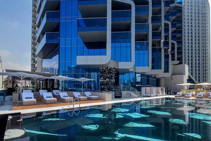 Contemporary poolside venue at Hyde Dubai, perfect for upscale corporate events and retreats.