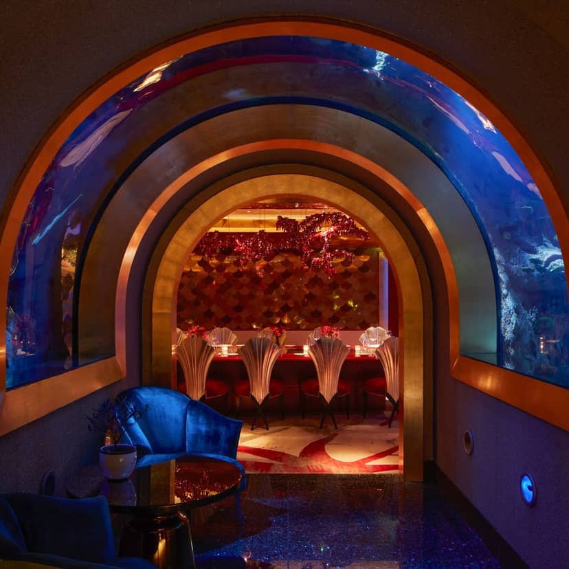 Underwater tunnel entrance at Ristorante L'Olivo, luxury venue for VIP dinners and brand events.