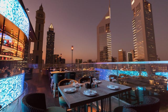 Rooftop terrace in Dubai with skyline views for premium cocktail receptions and VIP networking.