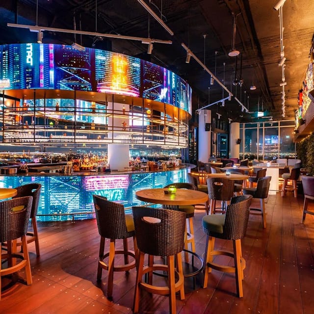 Lounge at Clap Restaurant & Bar with LED bar for upscale cocktail receptions and networking events.