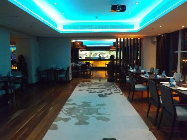 Modern dining area with LED lighting for evening receptions and networking events.