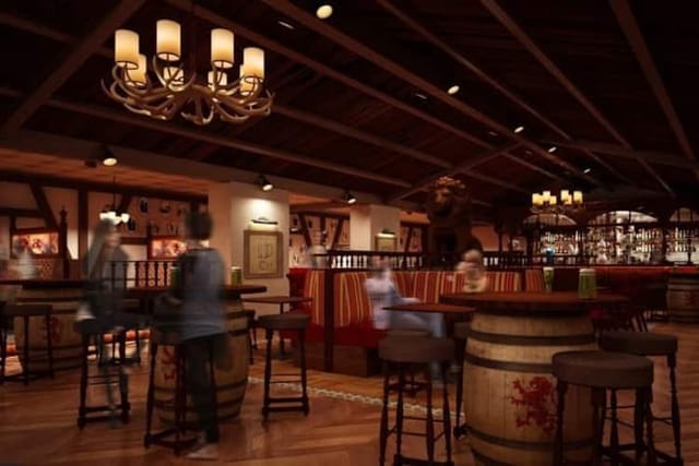 Red Lion restaurant with barrel tables and booths for networking event or casual reception.