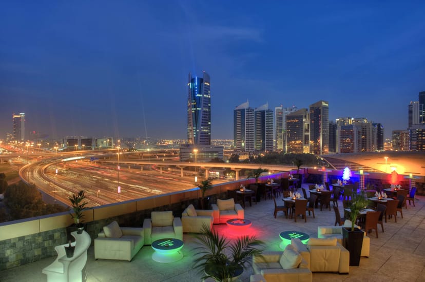 Rooftop hotel event venue with skyline views, perfect for cocktail receptions and networking mixers.