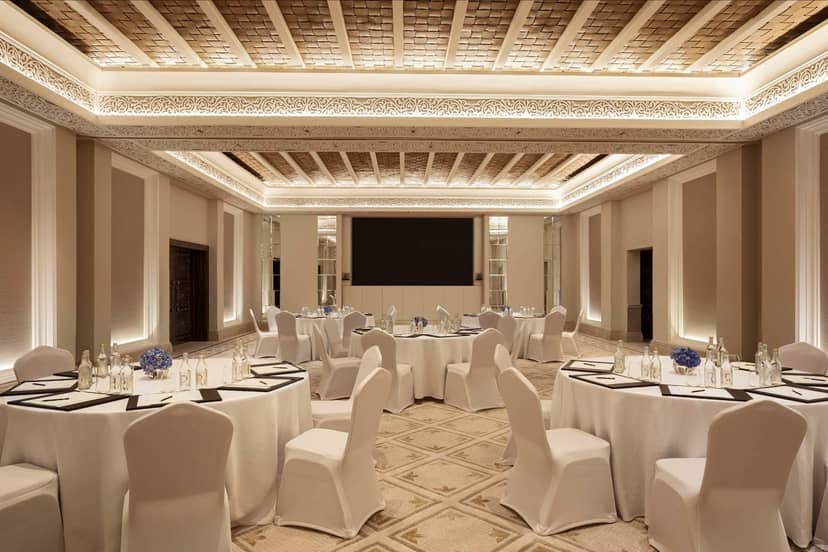 Al Badir Ballroom in Madinat Jumeirah with round tables for gala dinner and corporate events.