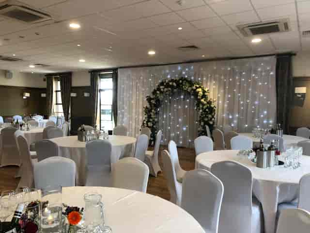 Emerald Hall wedding reception with starlit backdrop for elegant event venue photography.