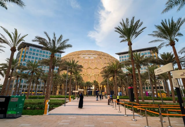 Dubai Exhibition Centre with unique architecture, ideal for conferences and exhibitions.