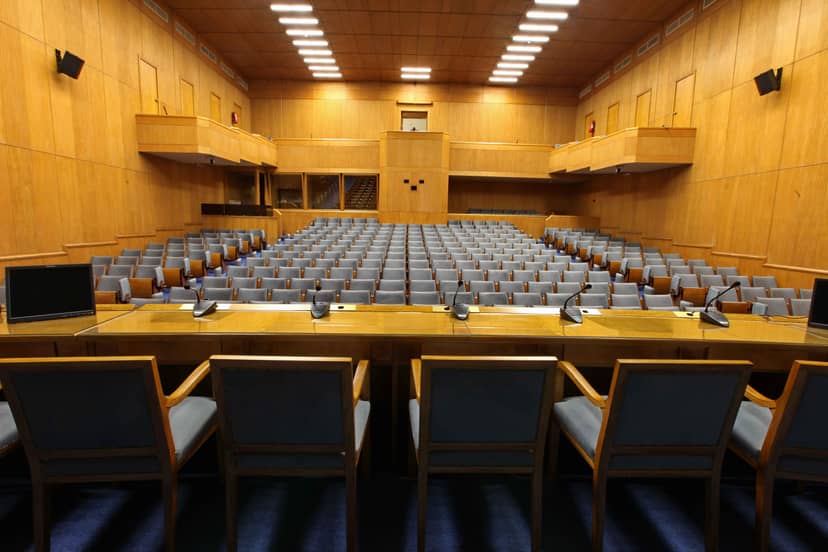 Eugenides Foundation auditorium with tiered seating for corporate governance meetings.