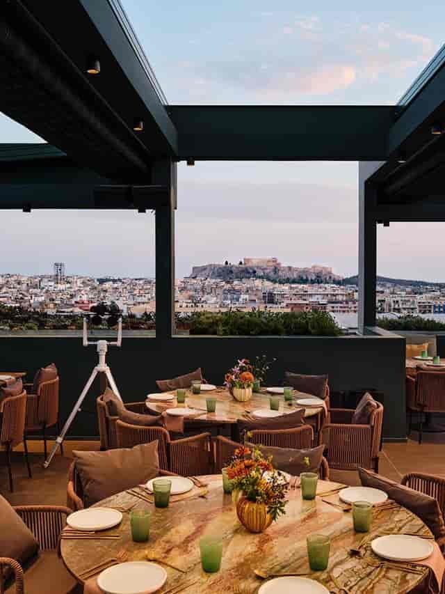 Rooftop restaurant at Radisson Blu Athens with Acropolis view for VIP dinners and cocktail events.