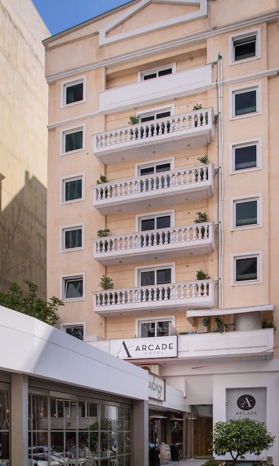 Arcade I hotel facade, Athenaeum InterContinental Athens, for budget corporate room blocks.