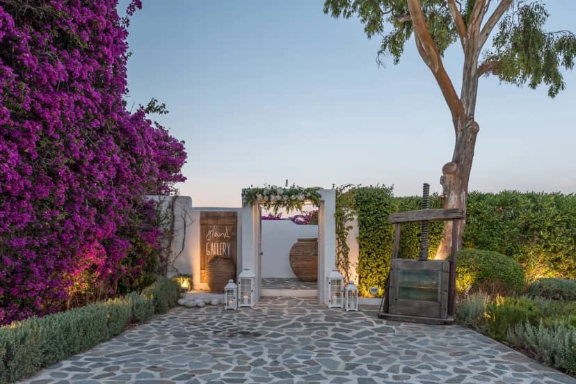 Island Gallery entrance with elegant lighting for Mediterranean wedding and corporate event venue.
