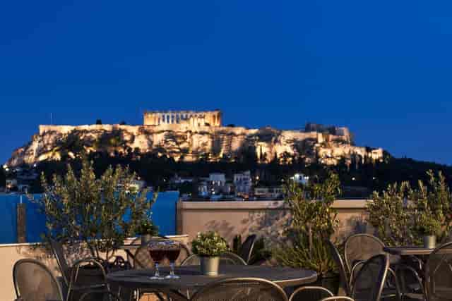 Rooftop terrace in Athens with Parthenon view, ideal for incentive dinners and cocktail events.