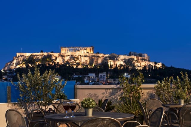 Rooftop terrace in Athens with Parthenon view, ideal for incentive dinners and cocktail events.