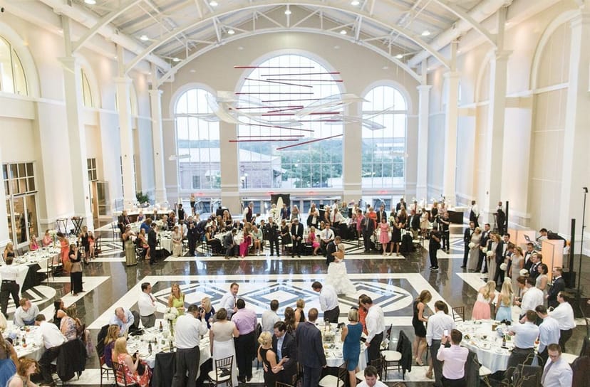 The Classic Center Athena Lobby ballroom with art installation for gala and wedding events.