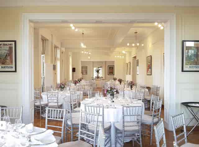 Amalias 36 banquet hall with silver Chiavari chairs for luxury weddings and corporate events.