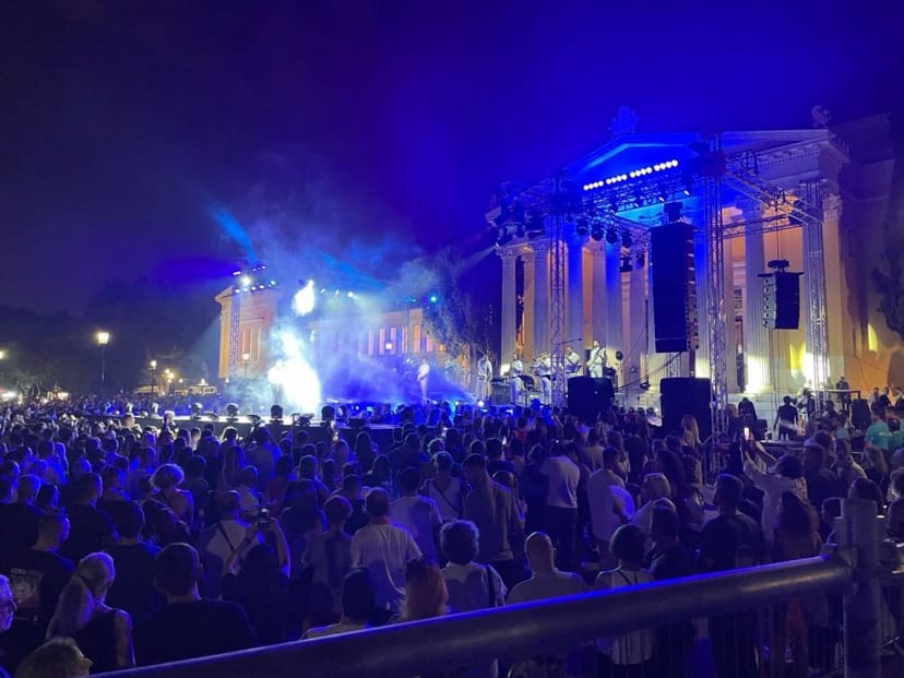 Outdoor festival stage at The Texan with pyrotechnics for large-scale concert event production.