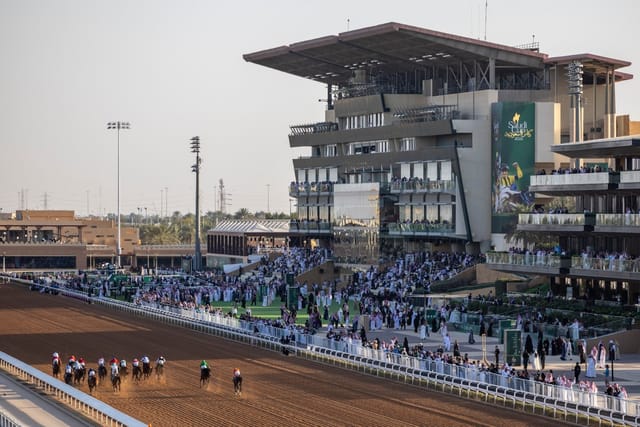 King Abdulaziz Racecourse grandstand: luxury corporate hospitality venue for major horse racing events.