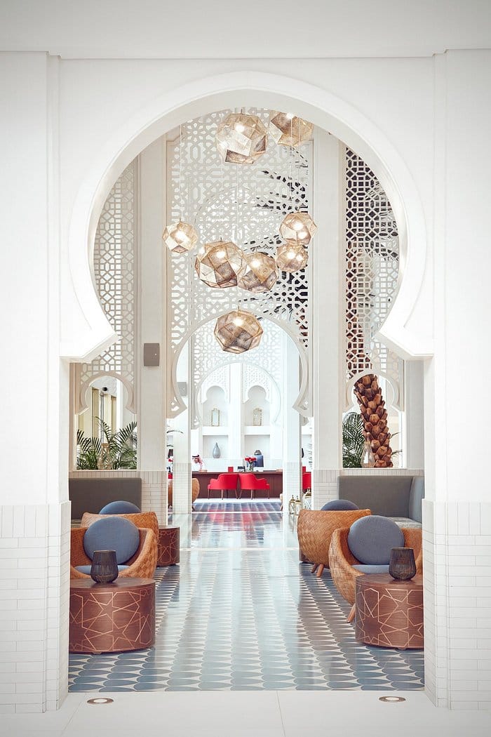 Shaza Riyadh pre-function space with fretwork, ideal for VIP networking and luxury event receptions.