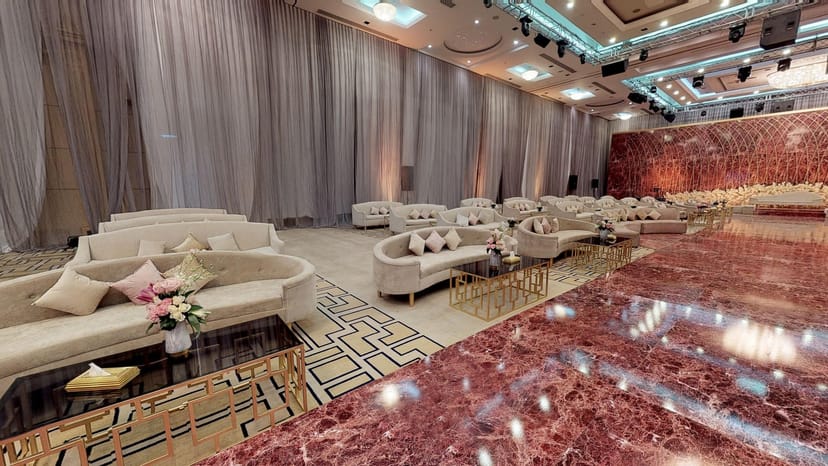 Najd Ballroom lounge with velvet sofas for luxury corporate events and gala receptions.