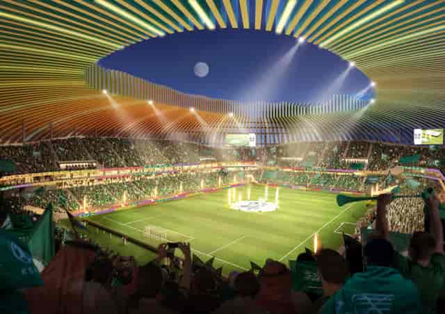 Qiddiya City stadium with immersive lighting for large-scale sporting events and ceremonies.