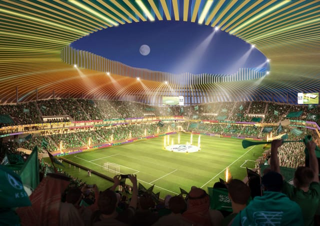 Qiddiya City stadium with immersive lighting for large-scale sporting events and ceremonies.