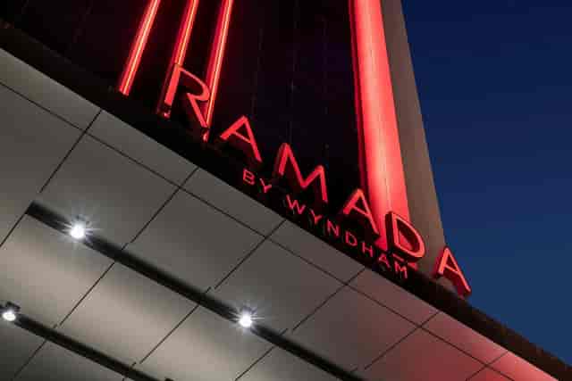 Ramada Riyadh King Fahd Road exterior signage, budget hotel for cost-conscious room blocks.