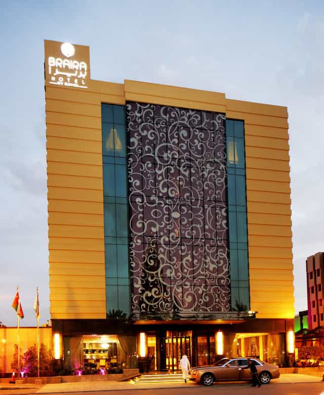 Modern Braira Al Olaya hotel facade with glass panel for social and corporate events.