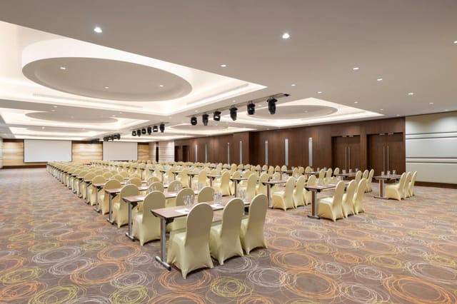 Classroom-style ballroom at Radisson Blu Riyadh for corporate seminars and training conferences.