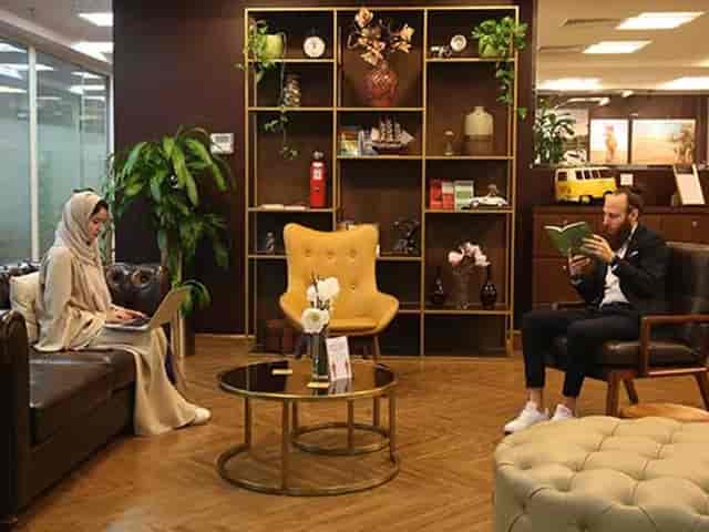 Modern coworking breakout space for corporate networking events and business meetings.