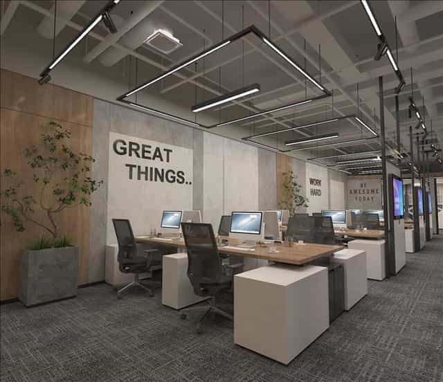 Modern co-working office in KAFD with workstations for agile hackathons and breakout sessions.