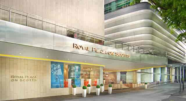 Royal Plaza on Scotts hotel facade, ideal for corporate meetings and professional events.