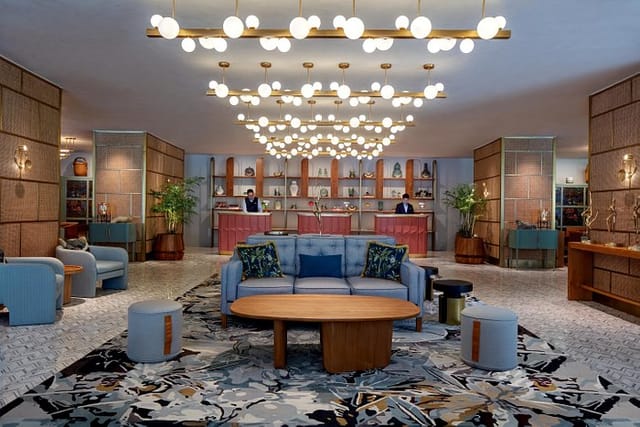 Mid-century modern hotel lobby, Board Room, for corporate meetings and networking events.