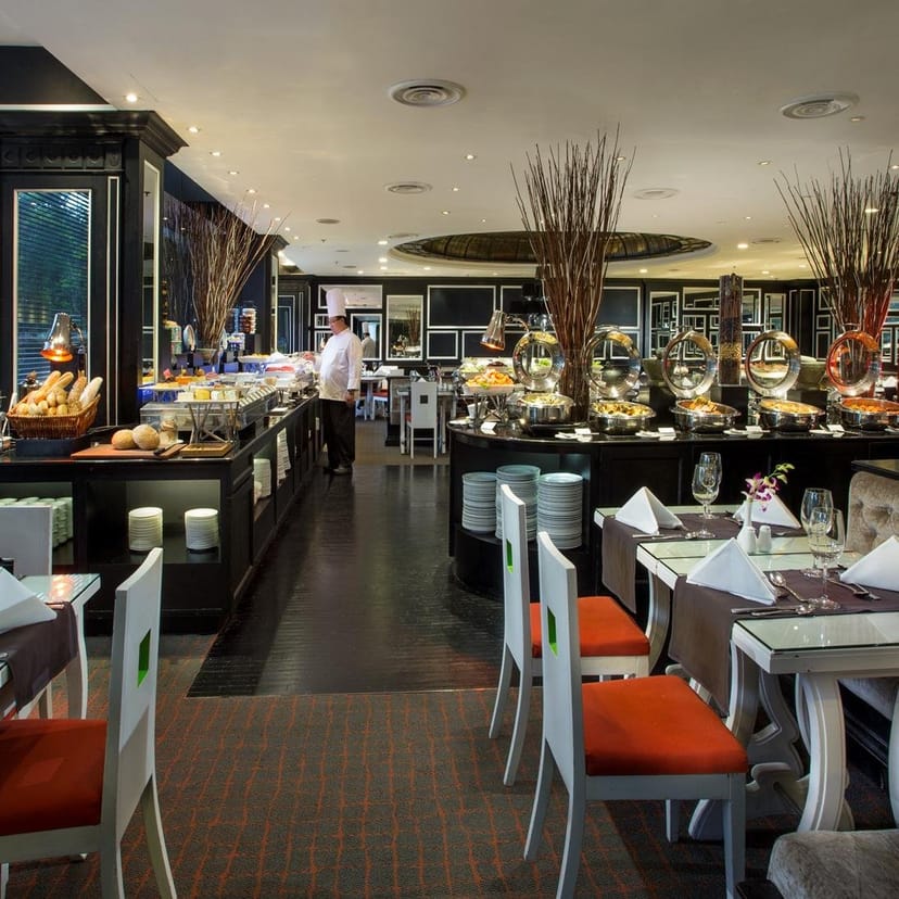 Upscale buffet at Concorde Hotel Singapore: modern corporate breakfast and event catering setup.