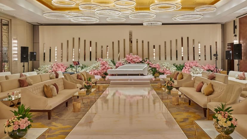 Al Loulou’a Ballroom at Hyatt Regency Riyadh, featuring plush seating and romantic decor for events.