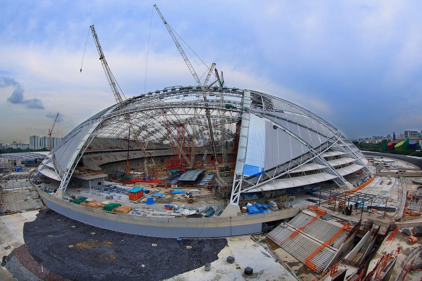National Stadium Singapore under construction: venue site inspection and project development.