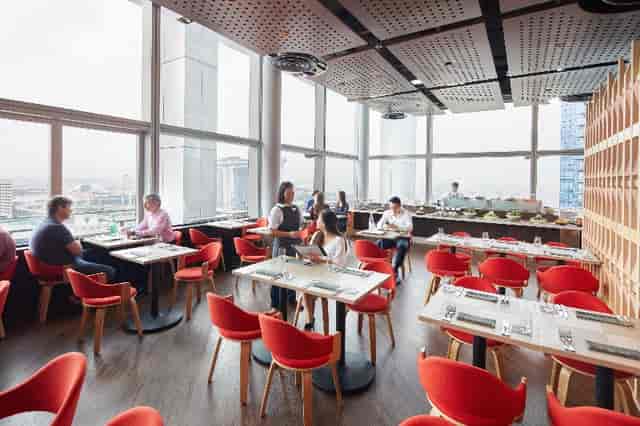 LeVeL33 restaurant with floor-to-ceiling windows for corporate networking and executive breakfast.