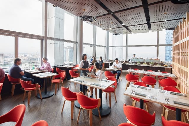 LeVeL33 restaurant with floor-to-ceiling windows for corporate networking and executive breakfast.
