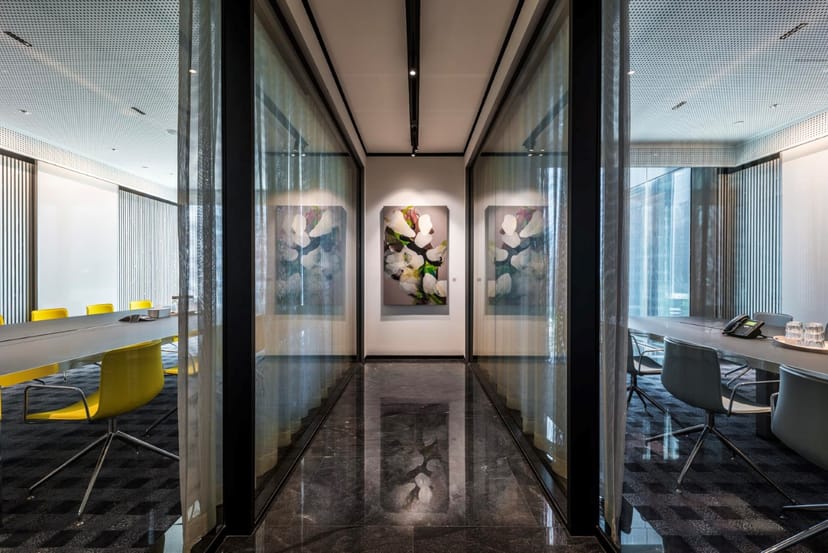Glass-walled private meeting rooms for professional breakout sessions and executive boardrooms.