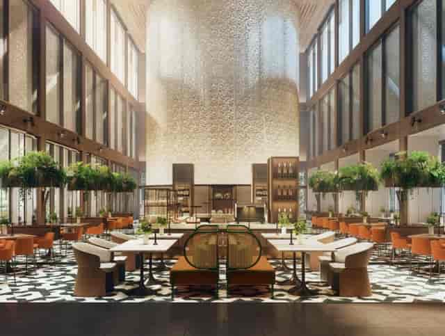 High-end Pan Pacific Orchard atrium for luxury welcome reception and networking lunch.