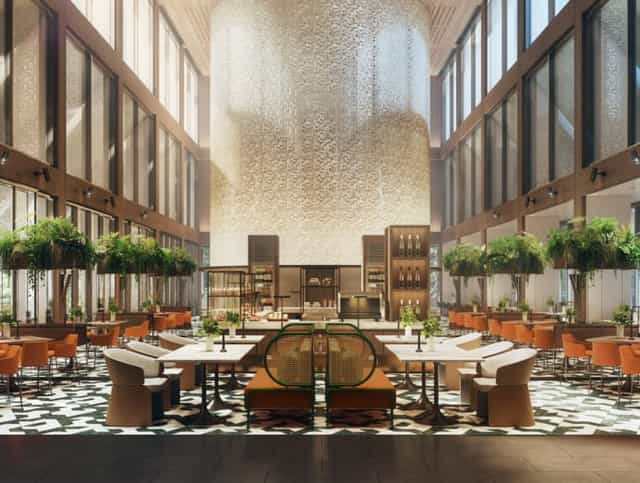High-end Pan Pacific Orchard atrium for luxury welcome reception and networking lunch.