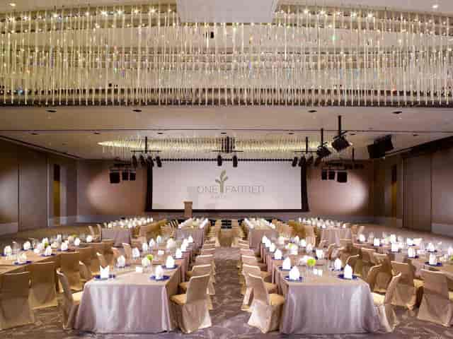 Grand Ballroom at One Farrer Hotel with tiered lighting for corporate events and formal banquets.