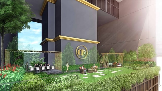 Sky Panorama at Crown at Robinson: sophisticated outdoor breakout space for corporate networking.