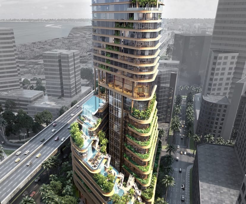 Luxury Skywaters residential rooftop with tiered pool deck for corporate networking and events.