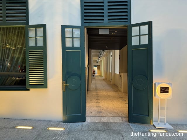 Colonial-style Flutes Restaurant entrance for intimate cocktail reception or boutique event.