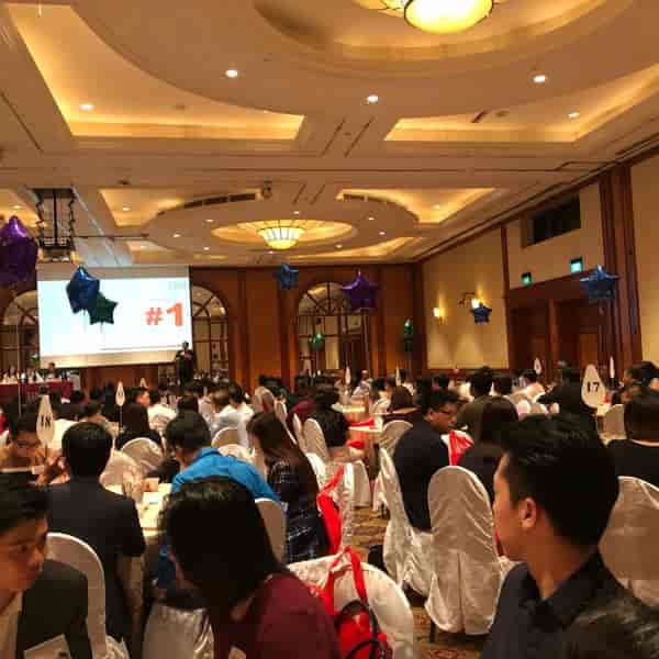 Dunearn Ballroom corporate banquet with branded decor for professional events and celebrations.