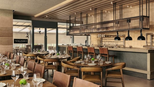 Upscale Bedrock restaurant interior, ideal for corporate dinners and networking events.